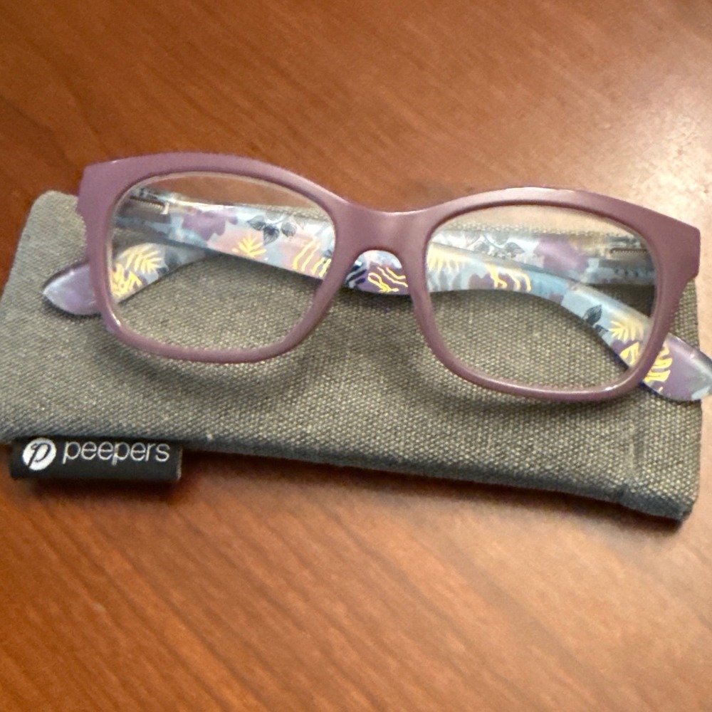 Peepers reading glasses +1.25 Beachcomber floral tropical pink mauve with case